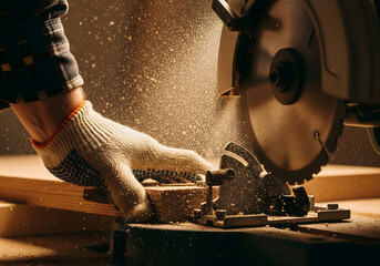 Close-Up of Gloved Hand Using Miter Saw, Sawdust Exploding.