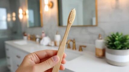 Close up of a bamboo toothbrush being held in a stylish, contemporary bathroom setting. Natural materials and minimalist design highlight the trend toward eco conscious personal hygiene choices