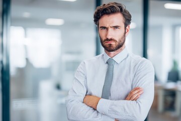 Obraz premium Businessman crossing arms with unimpressed expression, conveying skepticism or disagreement during meeting.