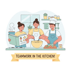 Three people collaborating in a bright kitchen preparing food together with a cookbook open and steam rising from a pot flat design illustration