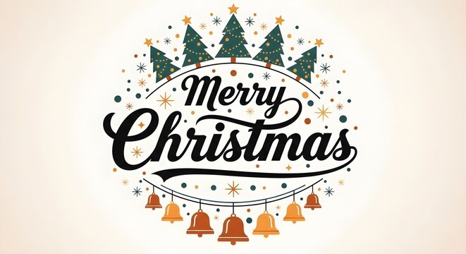 Festive merry christmas design with trees stars and bells for holiday greetings