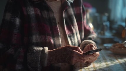 Senior hands holding a mobile phone highlight digital literacy among older adults in a warm, homely setting. The scene captures intergenerational technology use and daily communication trends - Powered by Adobe