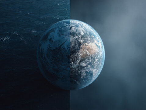 Split-view of planet Earth, half in shadow, half in light, cosmic transition symbolizes balance, change and duality