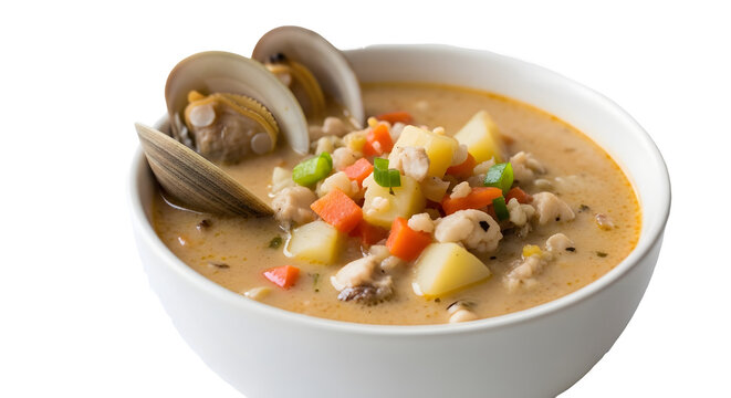 Hot creamy New England style clam chowder soup with seafood and vegetables in bowl. isolated PNG with Transparent Background