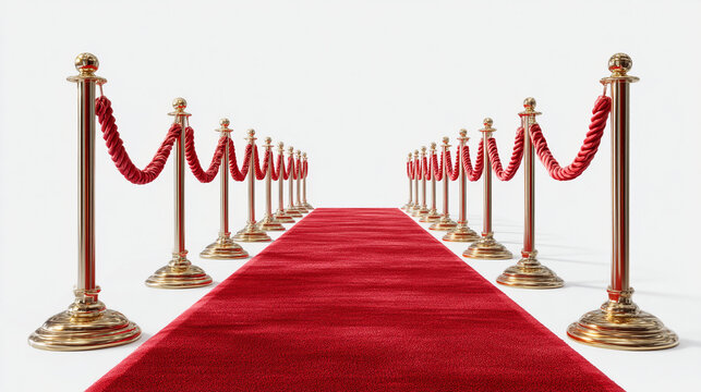 A red carpet runner with gold stanchions and red velvet ropes on a white background studio shot