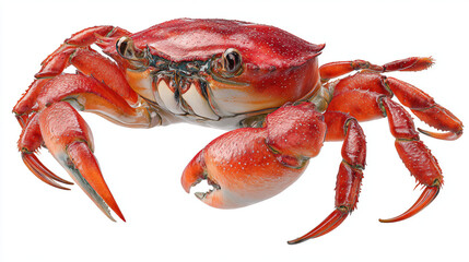 Isolated red crab with claws and legs visible on a white background studio shot close up view