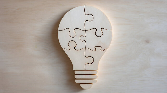 Wooden puzzle light bulb symbolizing creativity and problem-solving with natural textures