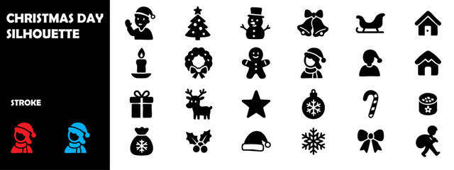 Christmas Day Silhouette Vector Set – Santa, Reindeer, Tree, and Celebration Icons