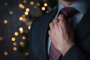 Businessman adjusting his tie in a softly lit office decorated with warm holiday lights, symbolizing confidence and festivity.