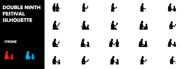 Fototapeta premium Double Ninth Festival Silhouette Vector Set – Chinese Tradition, Mountain Climbing, and Respect Icons