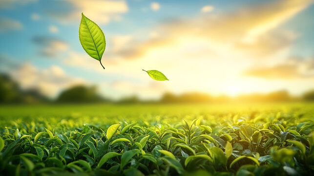 Lush green tea plantation landscape with fresh tea leaves floating in the air, morning sunlight, freshness of nature and peaceful atmosphere, ideal for wellness, organic product and natural lifestyle 
