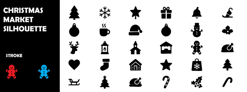 Christmas Market Silhouette Vector Set &ndash; Festive Fair, Gifts, and Winter Celebration Icons