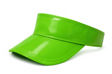 Neon green shiny plastic visor for summer fashion and 80s style sportswear, transparent background