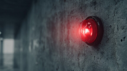A red emergency light affixed to a textured gray wall in a dimly lit hallway area indoors