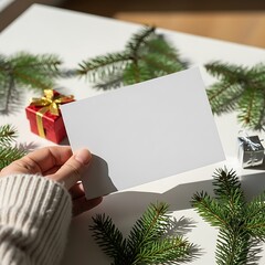Hand Holding Blank Christmas Card Mockup Pine Branches
