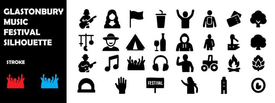 Glastonbury Music Festival Silhouette Vector Set – Live Concert, Crowd Dancing, and Stage Performance Icons