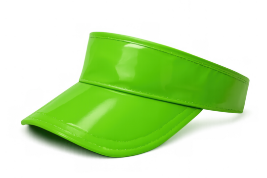 Neon green shiny plastic visor for summer fashion and 80s style sportswear, transparent background
