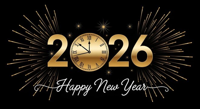 Golden happy new year 2026 illustration with clock and fireworks on black background