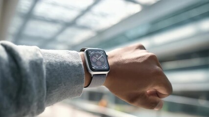 Close up stylish smartwatch worn on wrist, highlighting its sleek design, digital display. Background features blurred, sunlit architectural environment, emphasizing tech savvy lifestyle - Powered by Adobe