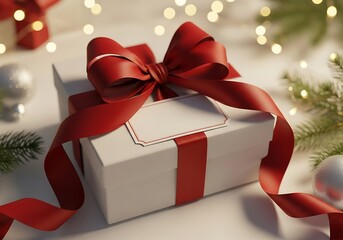 Close Up Christmas Gift Box Mockup Red Bow