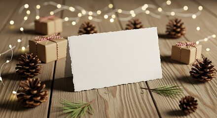 Folded Edge Christmas Card Mockup Pine Cones Lights