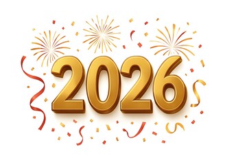 Golden Embossed 3D “2026” Text with Fireworks, Confetti, and Ribbons | Festive New Year PNG on White Background