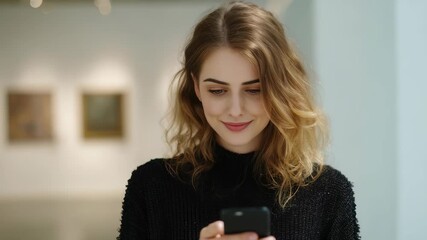 A stylish young woman enjoys browsing her smartphone in a contemporary art gallery, surrounded by blurred paintings. Her cheerful expression and casual look create a trendy, positive vibe