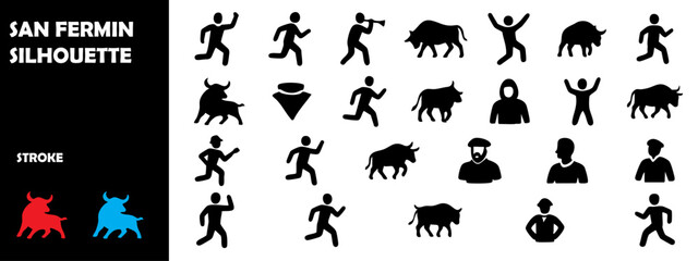 Obraz premium San Fermín Festival Silhouette Vector Set – Running of the Bulls, Pamplona Spain Cultural Celebration Icons