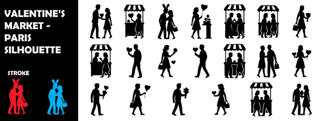 Valentine’s Market Paris Silhouette Vector Set – Love Fair, Romance, Gifts, and Heart Decorations