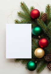 Blank Vertical Card Mockup Pine Branch Ornaments