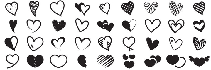 Black hand-drawn heart icons pattern background. A seamless pattern of black hand-drawn heart icons on a white background, symbolizing love, romance, and Valentine's Day themes.

