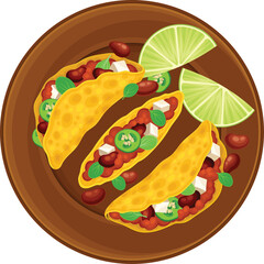 Three Crunchy Tacos Filled With Red Beans Diced White Cheese and Sliced Jalapenos Garnished With Lime Wedges Served on a Wooden Plate with Transparent Background