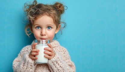 Innocent Joy Little girl delights in a refreshing glass of milk on a sunny blue backdrop, capturing childhood wonder and healthy living, perfect for family-friendly campaigns