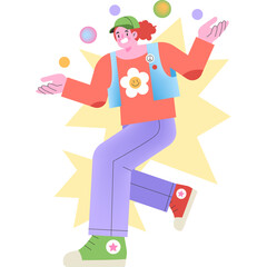 Stylized Person Juggling Colorful Balls with a Starburst Behind on a Transparent Background