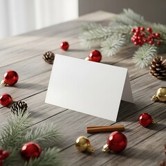 Blank Christmas Card Mockup Red Gold Ornaments Table