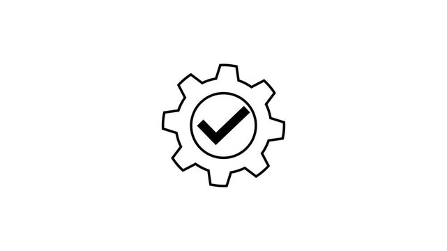 Setting icon with check mark animation on white background, neon glowing gear and tick symbol, system configuration success, digital interface setup confirmation, technology and maintenance concept