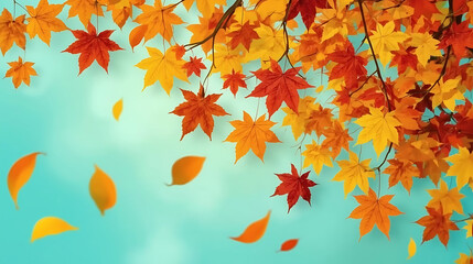 Obraz premium Stunning autumn maple leaves falling, creating a vibrant seasonal scene; ideal for warm fall promotions, Thanksgiving greetings, and festive Thanksgiving creations