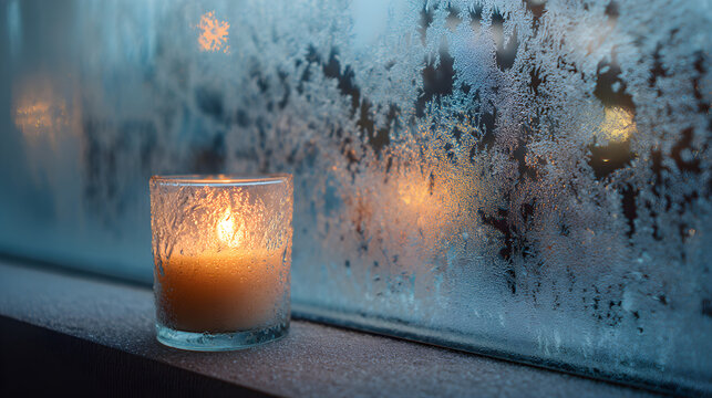 Candle behind frosty glass window, soft diffusion light and tranquil mood
