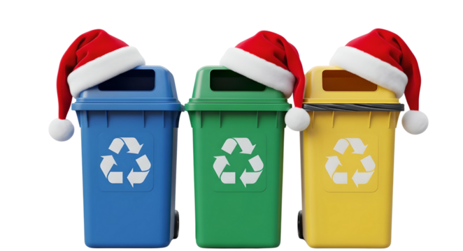 Bins for sorting trash and garbage. Blue, green, yellow containers with recycling signs and Christmas hats on top. Environmental and recycling, eco Christmas. Reminder to recycle on holidays