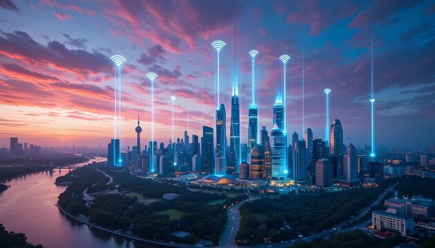 Breathtaking aerial view of a modern city skyline at sunset with futuristic glowing diamond connections