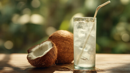Coconut water in a glass with a straw and ice cubes next to coconuts on a wooden surface