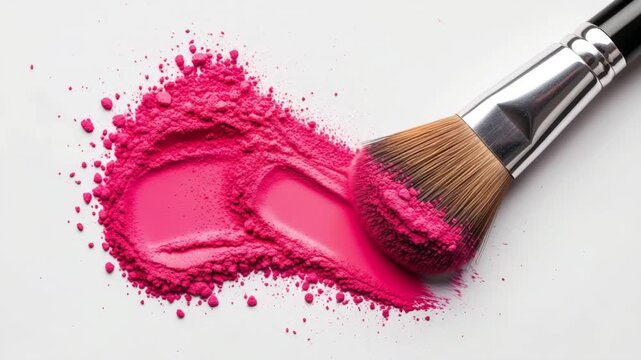 Pink blush powder burst from makeup brush in motion representing creativity elegance and expressive cosmetic design