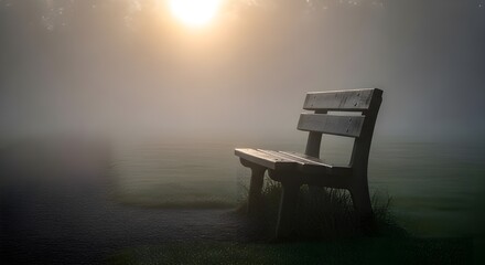 Solitary wooden bench bathed in soft morning light amidst a misty park