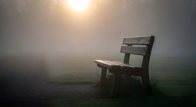Solitary wooden bench bathed in soft morning light amidst a misty park