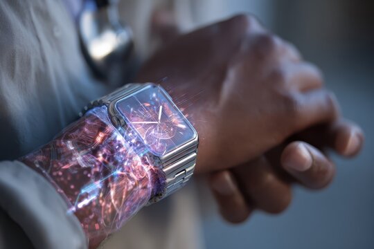 Futuristic health tech smartwatch projects holographic displays in urban setting during daylight hours