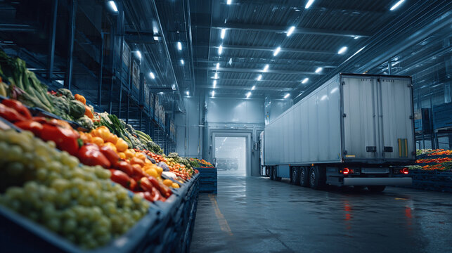 Produce in a warehouse with a truck parked near a loading dock and bright overhead lights