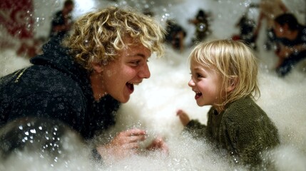 A teenage boy and a young child share a joyful moment, laughing intensely while immersed in a sea of white foam.