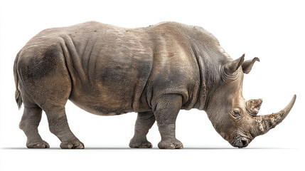 Naklejka premium A rhinoceros standing on a white background with its head lowered to the ground slightly
