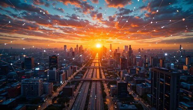 Futuristic cityscape at sunset with digital network connection, representing smart city technology and communication