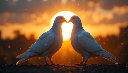 Two white doves kissing at sunset, representing love, peace, and unity in a warm and romantic atmosphere